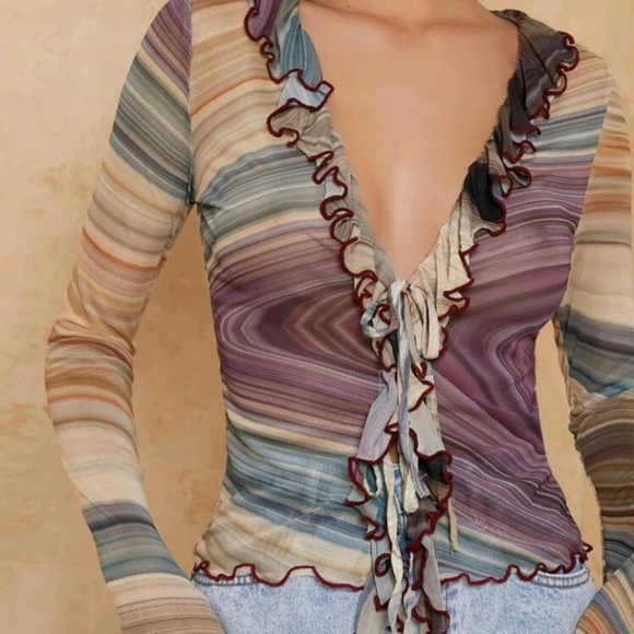 Marble Print Ruffle Trim Blouse Top - Picture 3 of 11